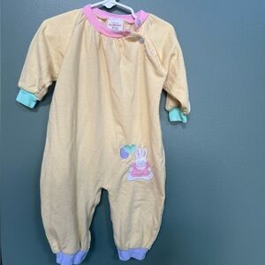 Healthtex Yellow and Pink Baby Footie with Bunny Patch vintage